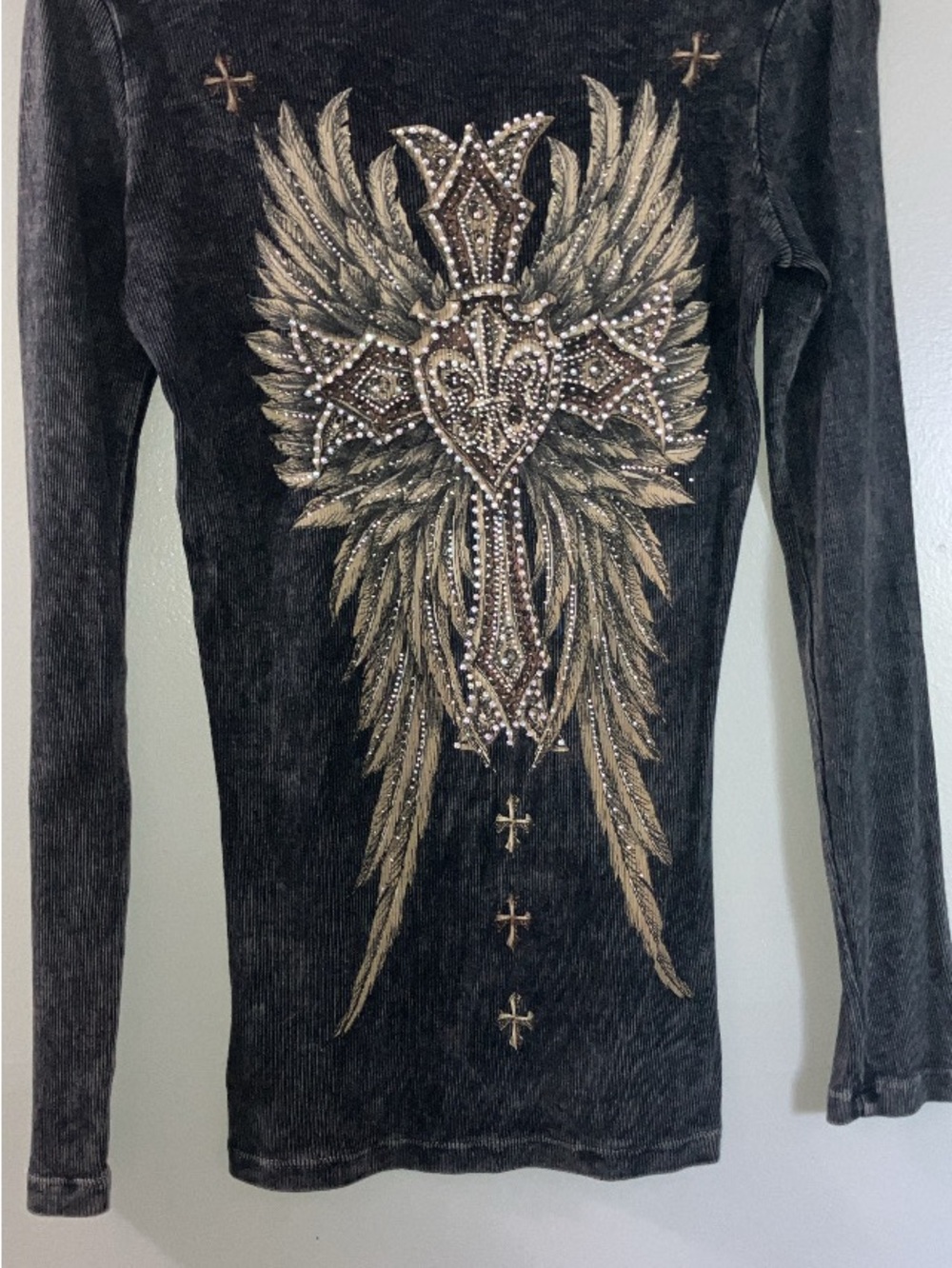 Vocal Charcoal Ribbed Long Sleeve Top with Rust Contrast Stitching - Picture 4 of 4